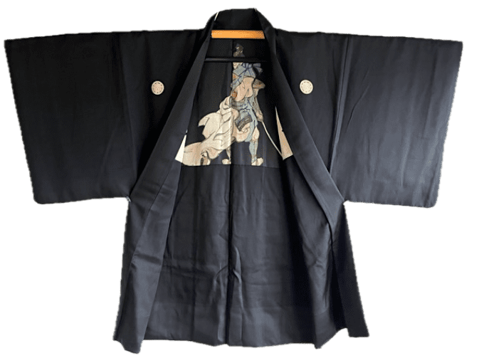 Antique Haori homme soie noire Kamon Kenkatabami SEPPUKU