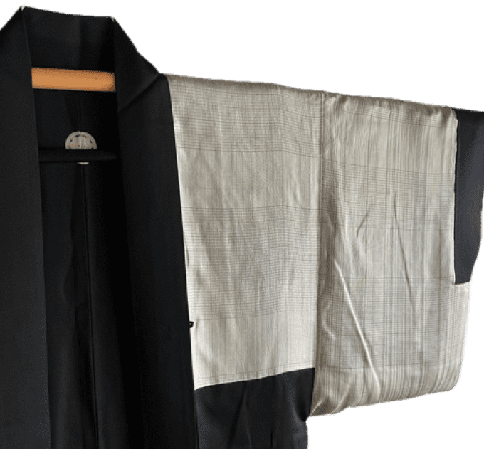 Antique Haori homme soie noire Kamon Kenkatabami SEPPUKU