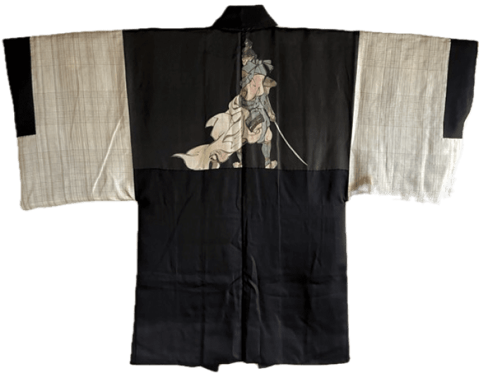 Antique Haori homme soie noire Kamon Kenkatabami SEPPUKU