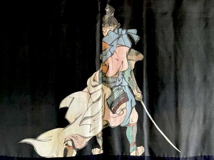 Antique Haori homme soie noire Kamon Kenkatabami SEPPUKU