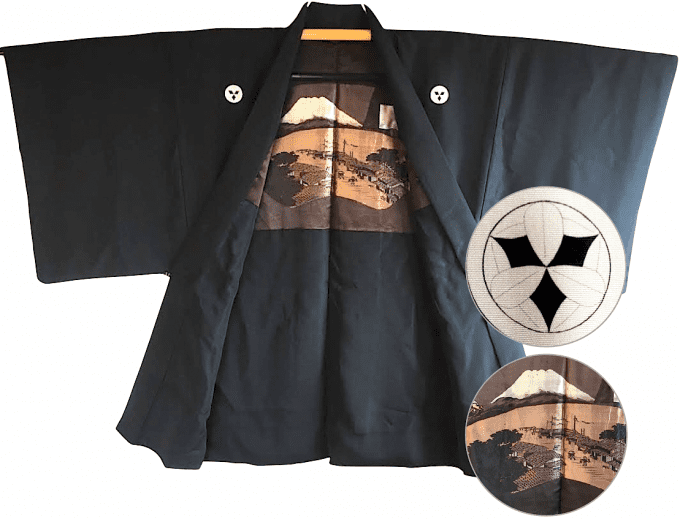 Antique haori japonais soie noire Takenaka Montsuki Tokaido Fuji San homme  