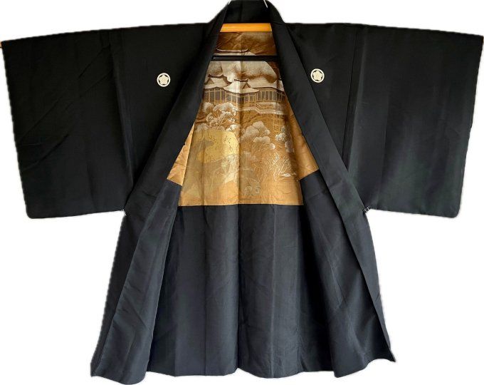 Antique haori japonais homme soie noire Kikkyo Montsuki Kyomizudera Kyoto