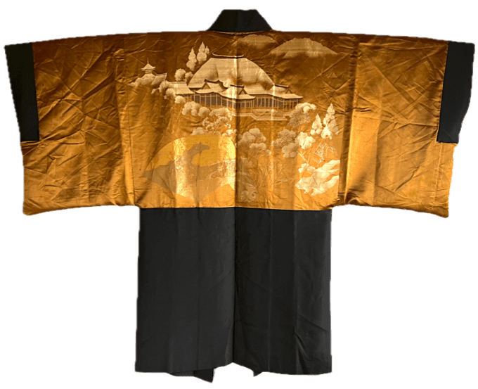 Antique haori japonais homme soie noire Kikkyo Montsuki Kyomizudera Kyoto