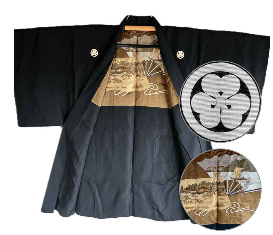 Haori japonais homme soie noire Katabami Montsuki Temple Kyomizudera Kyoto & Chateau Himeji