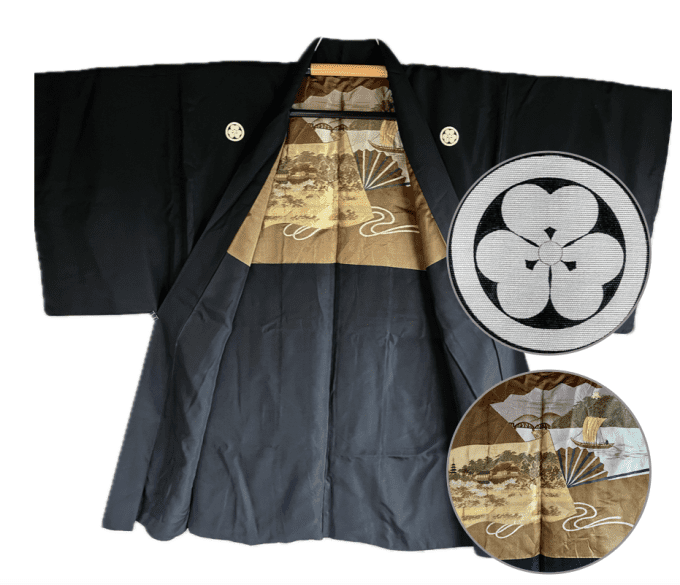 Haori japonais homme soie noire Katabami Montsuki Temple Kyomizudera Kyoto & Chateau Himeji