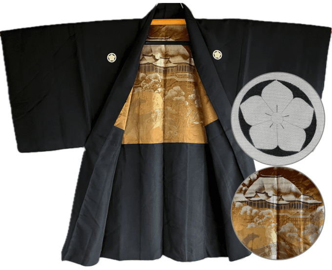 Antique haori japonais homme soie noire Kikkyo Montsuki Kyomizudera Kyoto