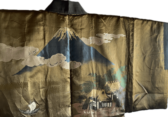 Antique Haori japonais homme soie noire Montsuki Fuji San & kayabuki