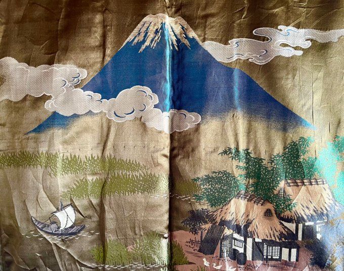 Antique Haori japonais homme soie noire Montsuki Fuji San & kayabuki