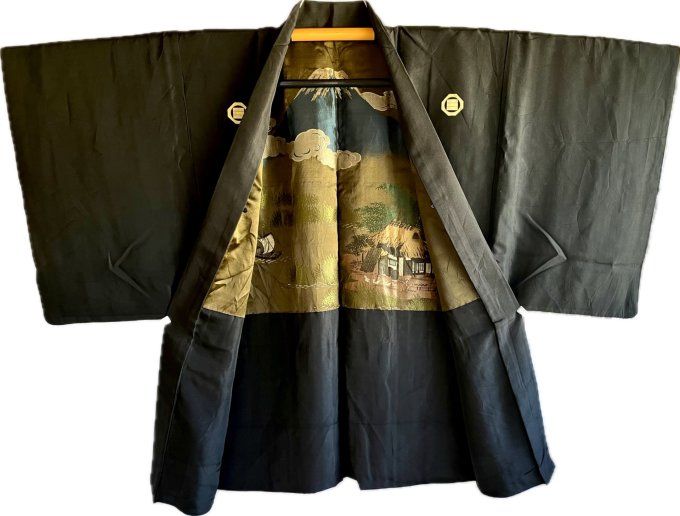 Antique Haori japonais homme soie noire Montsuki Fuji San & kayabuki