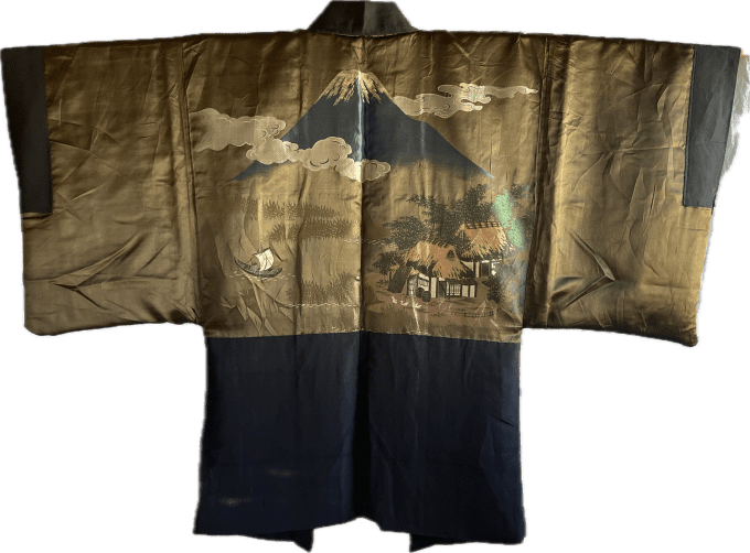 Antique Haori japonais homme soie noire Montsuki Fuji San & kayabuki