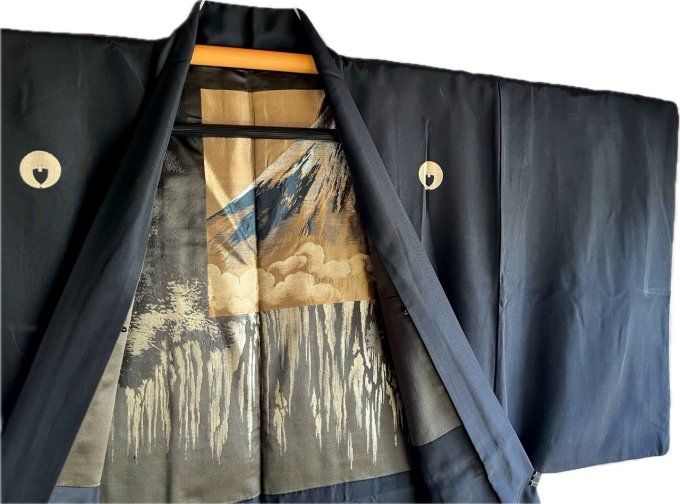 Antique Haori Japonais Homme Soie Noire Sagarifuji Montsuki - Cascade au Mont Fuji