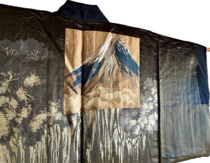 Antique Haori Japonais Homme Soie Noire Sagarifuji Montsuki - Cascade au Mont Fuji