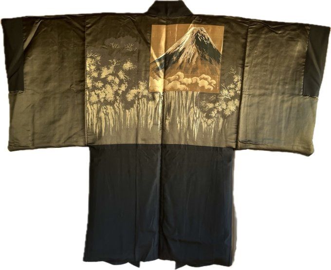 Antique Haori Japonais Homme Soie Noire Sagarifuji Montsuki - Cascade au Mont Fuji