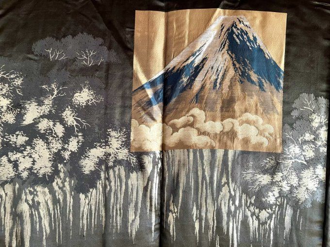 Antique Haori Japonais Homme Soie Noire Sagarifuji Montsuki - Cascade au Mont Fuji