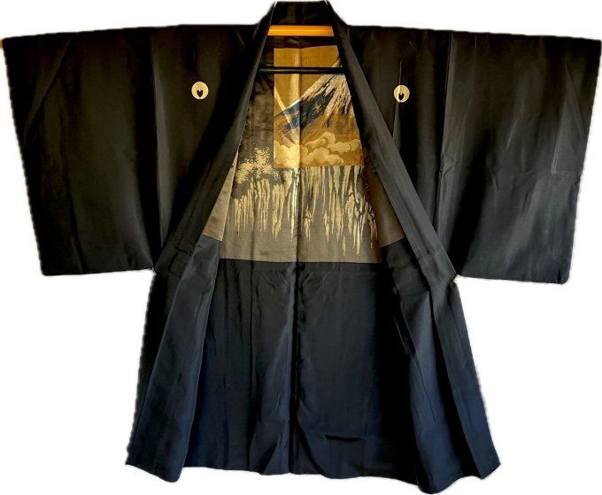 Antique Haori Japonais Homme Soie Noire Sagarifuji Montsuki - Cascade au Mont Fuji