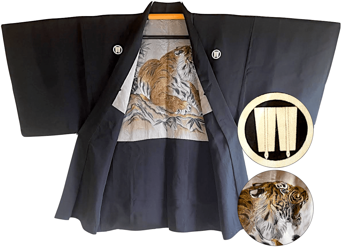 Luxe Antique haori samourai soie noire Futatsu Sensu Montsuki Tora Le tigre homme 