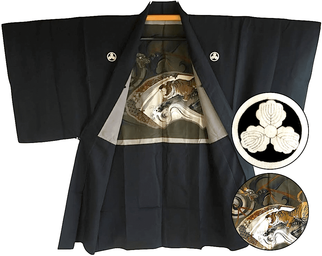Antique Haori japonais Samourai soie noire MitsuKashiwa Montsuki Dragon o ryu VS Tigre Tora homme