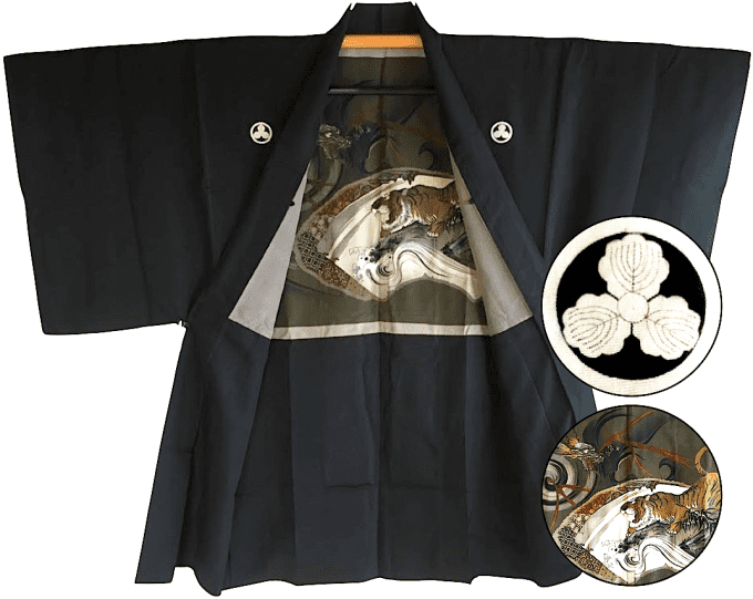 Antique Haori japonais Samourai soie noire MitsuKashiwa Montsuki Dragon o ryu VS Tigre Tora homme
