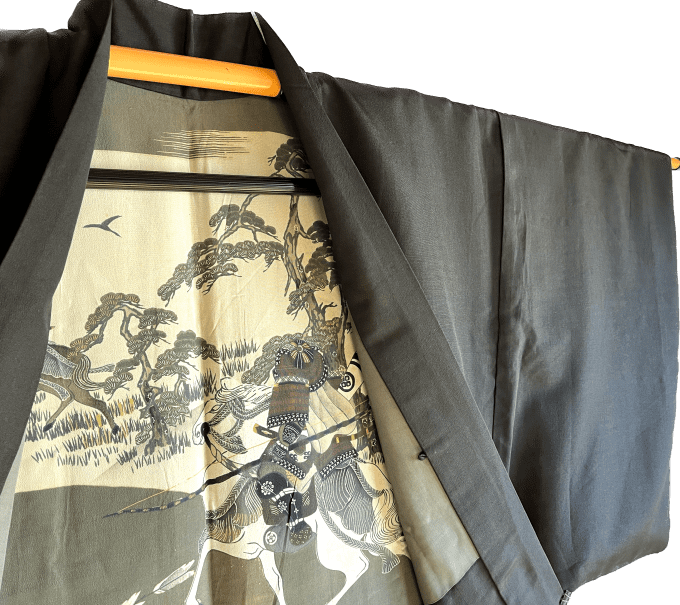 Antique Haori japonais samourai soie noire Mokkou Montsuki Yama no Bushi homme