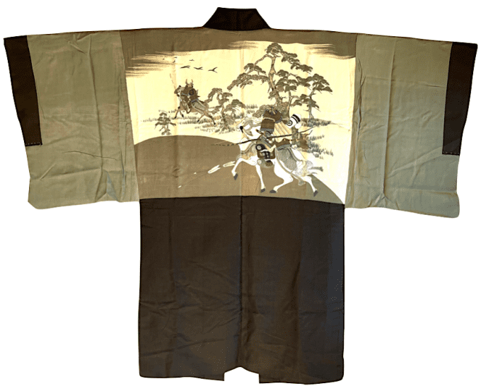 Antique Haori japonais samourai soie noire Mokkou Montsuki Yama no Bushi homme