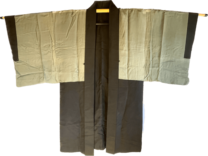 Antique Haori japonais samourai soie noire Mokkou Montsuki Yama no Bushi homme