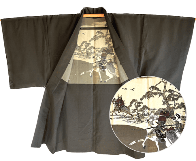 Antique Haori japonais samourai soie noire Mokkou Montsuki Yama no Bushi homme