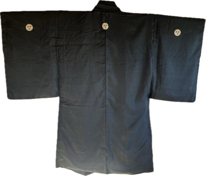 Haori Japonais homme antique  en soie noire avec 3 Kamon Takenaka