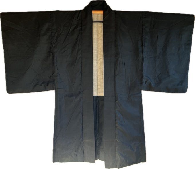 Haori Japonais homme antique  en soie noire avec 3 Kamon Takenaka