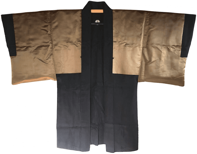 Antique haori japonais soie noire Hirage Montsuki Tokaido Fuji San Yama no Mura homme 