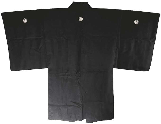 Antique haori japonais soie noire Hirage Montsuki Tokaido Fuji San Yama no Mura homme 