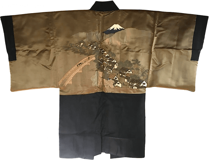 Antique haori japonais soie noire Hirage Montsuki Tokaido Fuji San Yama no Mura homme 