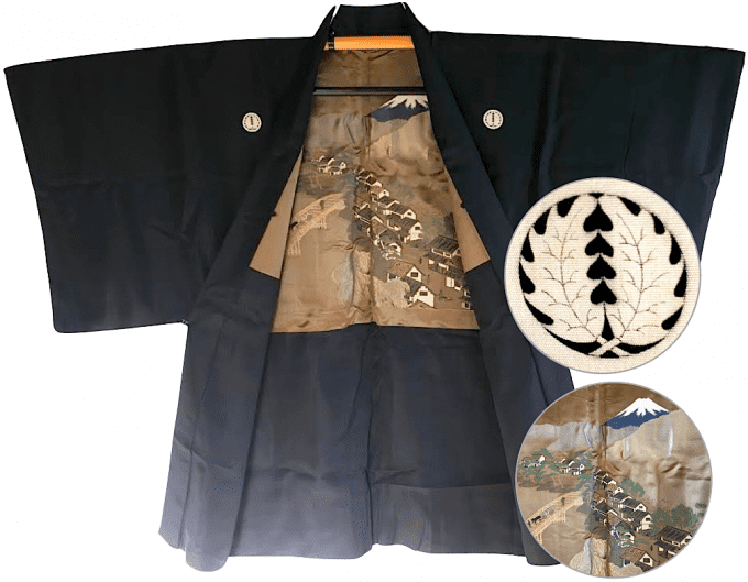 Antique haori japonais soie noire Hirage Montsuki Tokaido Fuji San Yama no Mura homme 