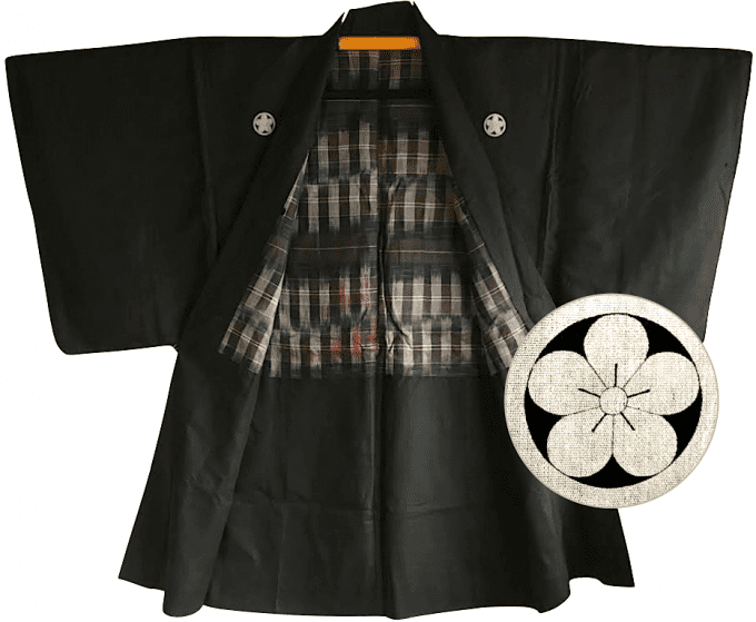 Antique haori japonais soie noire Kamon Maruni Ume no Hana d'été homme 
