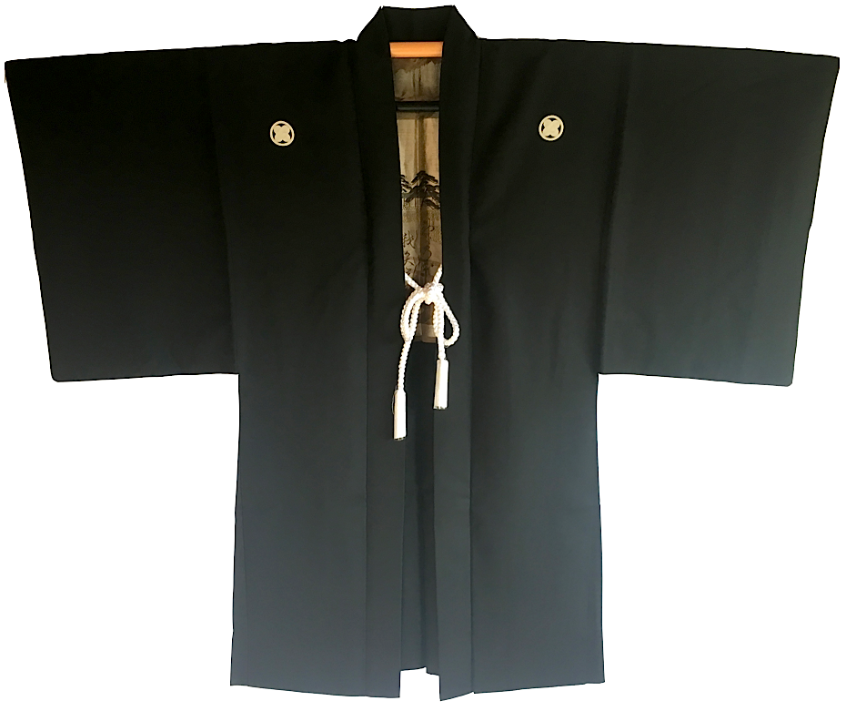 Antique Haori japonais soie noire Maruni TakanoHane Montsuki Kumano Jinja "Made in Japan" 