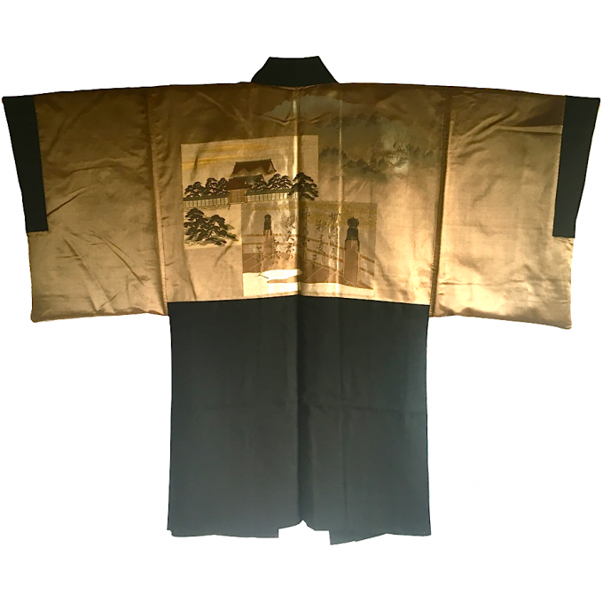 Antique Haori japonais soie noire Maruni TakanoHane Montsuki Kumano Jinja "Made in Japan" 