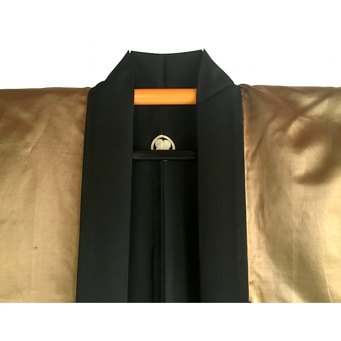 Antique Haori japonais soie noire Maruni TakanoHane Montsuki Kumano Jinja "Made in Japan" 