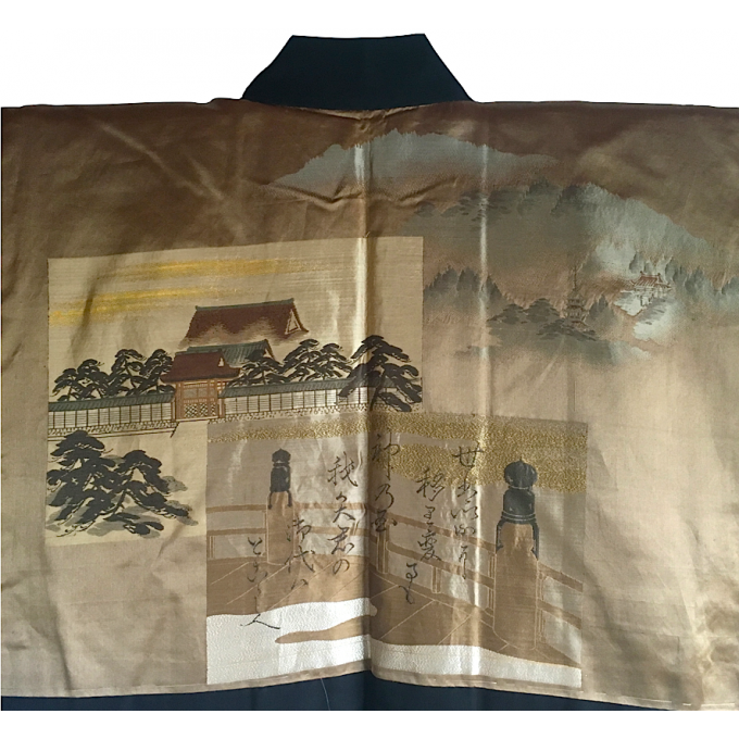 Antique Haori japonais soie noire Maruni TakanoHane Montsuki Kumano Jinja "Made in Japan" 