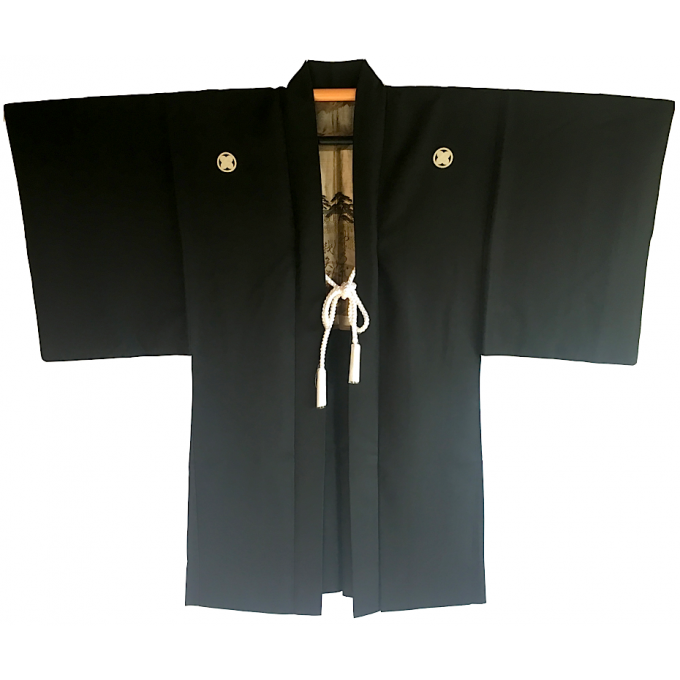 Antique Haori japonais soie noire Maruni TakanoHane Montsuki Kumano Jinja "Made in Japan" 