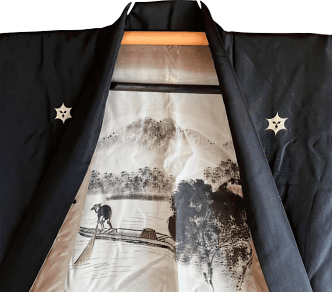 Antique Haori japonais soie noire Montsuki Pecheur japonais homme