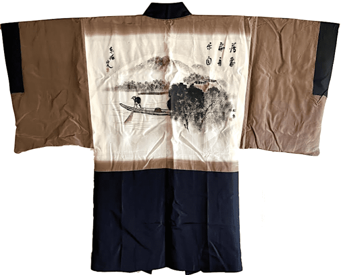 Antique Haori japonais soie noire Montsuki Pecheur japonais homme
