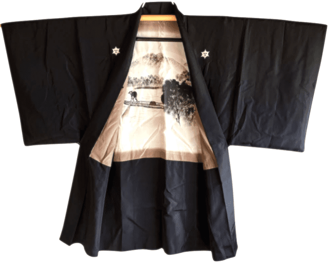 Antique Haori japonais soie noire Montsuki Pecheur japonais homme