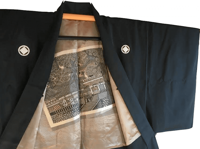 Antique haori japonais soie noire Sumitate Yotsume Montsuki Toshogu Yomeimon Nikko homme  