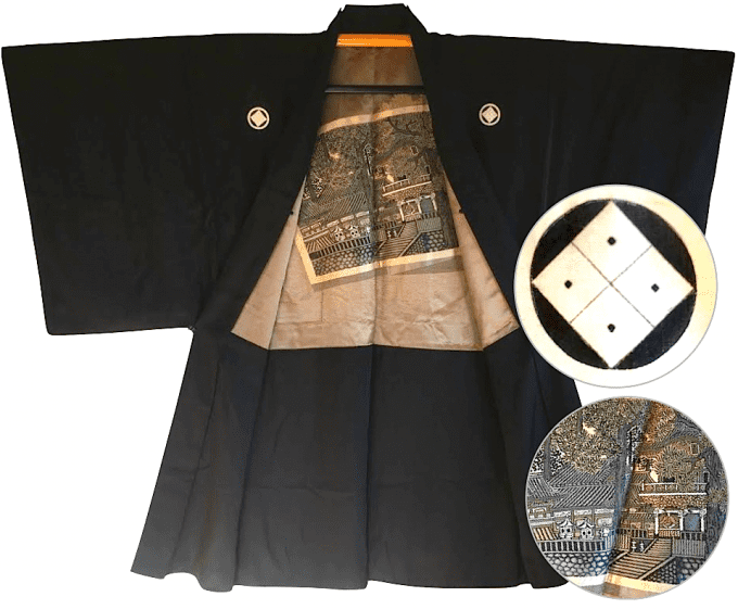 Antique haori japonais soie noire Sumitate Yotsume Montsuki Toshogu Yomeimon Nikko homme  