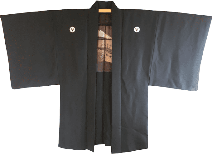 Antique haori japonais soie noire Takenaka Montsuki Tokaido Fuji San homme  