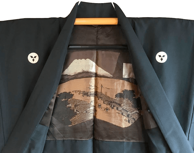 Antique haori japonais soie noire Takenaka Montsuki Tokaido Fuji San homme  