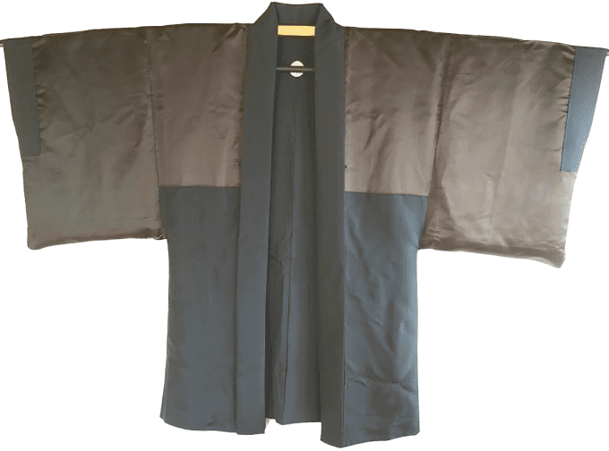 Antique haori japonais soie noire Takenaka Montsuki Tokaido Fuji San homme  