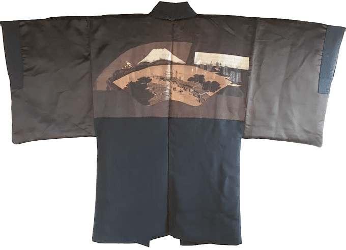 Antique haori japonais soie noire Takenaka Montsuki Tokaido Fuji San homme  