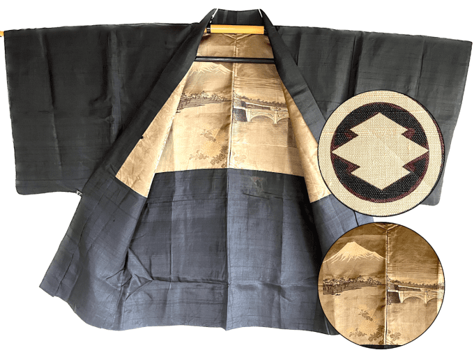 Antique Haori Montsuki homme - FujiSan & Pont japonais O Bashi