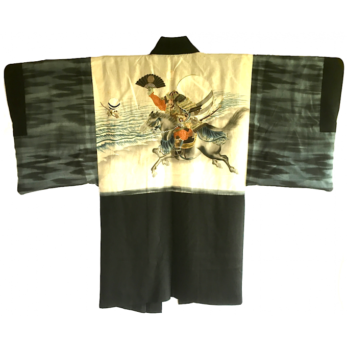  Antique Haori samourai Ikusa "Erabareru Mono No Musha" TakanoHane Montsuki soie noire homme