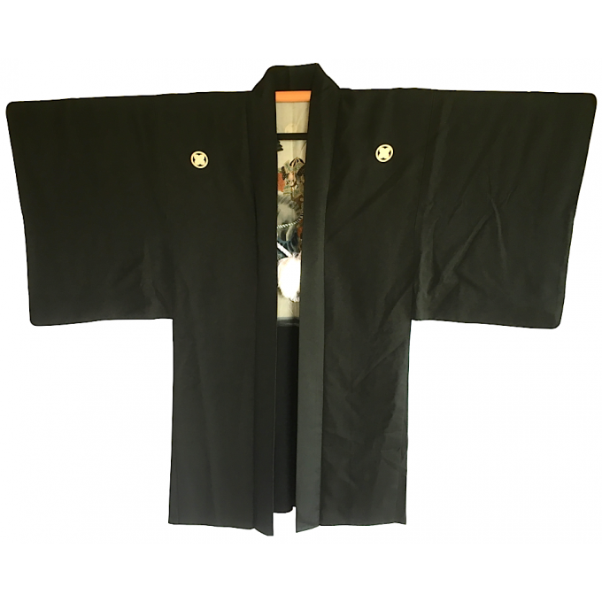  Antique Haori samourai Ikusa "Erabareru Mono No Musha" TakanoHane Montsuki soie noire homme